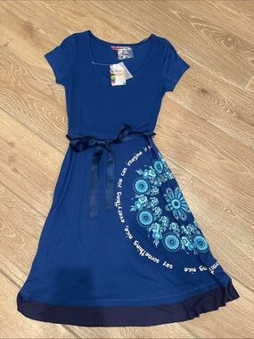 Desigual Blue Floral Belted Short-Sleeve Girls Dress